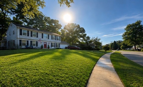 Manicured lawn and sidewalk on a sunny day