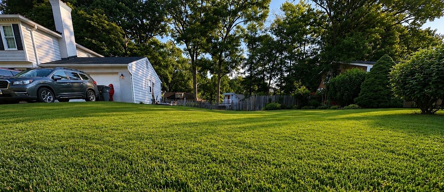 Freshly mowed, healthy green lawn beside a home in Fort Hunt